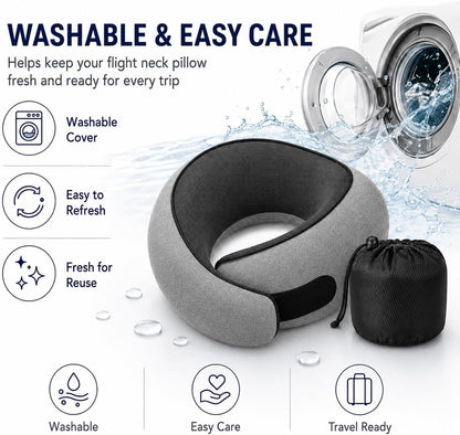 Travel Pillow for Airplane, Memory Foam Neck Pillow for Travel with Chin Support, Washable Cover & Storage Bag, Ergonomic 360° Neck Support for Long Flights, Car, Office, Home, Max Grey
