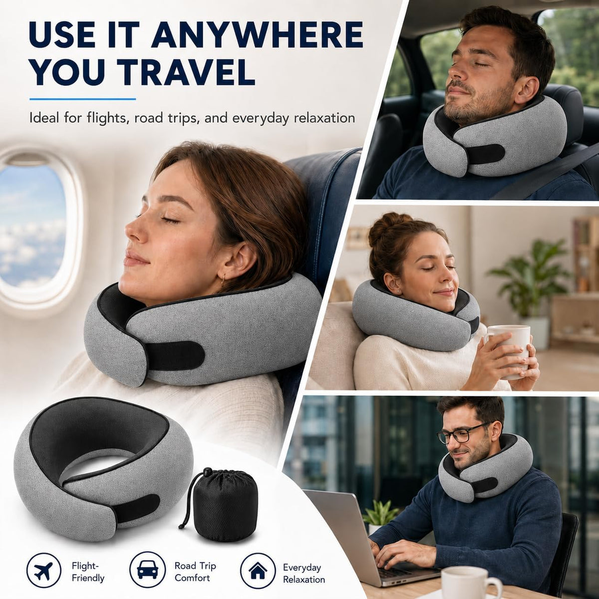 Travel Pillow for Airplane, Memory Foam Neck Pillow for Travel with Chin Support, Washable Cover & Storage Bag, Ergonomic 360° Neck Support for Long Flights, Car, Office, Home, Max Grey