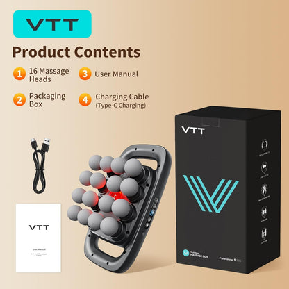 VTT 16 head massage gun deep tissue, Percussion Muscle Massager with 16 Heads, 3 Modes & 30 Intensities,Quiet Handheld Massager for Back Neck Shoulder Legs Muscle Pain Relief
