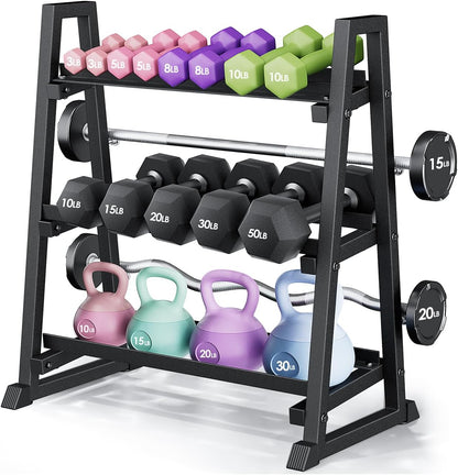 3 Tier Dumbbell Rack Stand Only, 1300LBS Heavy Duty | Trapezoidal Frame for Stability, Space-Saving Design; Fits Dumbbells, Kettlebells, Barbells for Home Gym