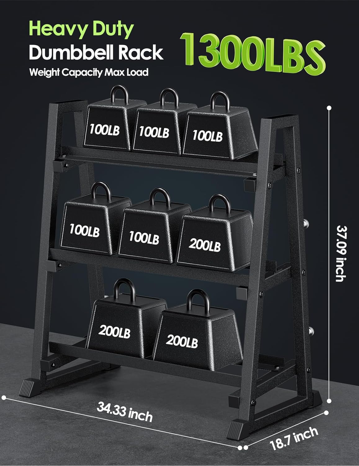 3 Tier Dumbbell Rack Stand Only, 1300LBS Heavy Duty | Trapezoidal Frame for Stability, Space-Saving Design; Fits Dumbbells, Kettlebells, Barbells for Home Gym