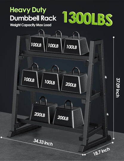 3 Tier Dumbbell Rack Stand Only, 1300LBS Heavy Duty | Trapezoidal Frame for Stability, Space-Saving Design; Fits Dumbbells, Kettlebells, Barbells for Home Gym