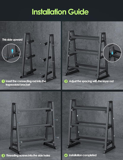 3 Tier Dumbbell Rack Stand Only, 1300LBS Heavy Duty | Trapezoidal Frame for Stability, Space-Saving Design; Fits Dumbbells, Kettlebells, Barbells for Home Gym