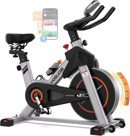Exercise Bike, Brake Pad Stationary Bike for Home with Exclusive App, Magnetic Indoor Cycling Bike with 300 lb Weight Capacity, Low Noise, Tablet Holder and Fitness Courses for Weight Loss