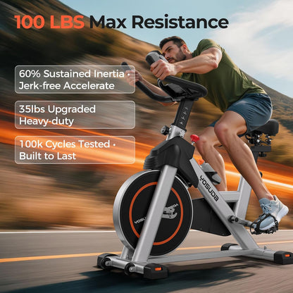Exercise Bike, Brake Pad Stationary Bike for Home with Exclusive App, Magnetic Indoor Cycling Bike with 300 lb Weight Capacity, Low Noise, Tablet Holder and Fitness Courses for Weight Loss