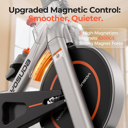 Exercise Bike, Brake Pad Stationary Bike for Home with Exclusive App, Magnetic Indoor Cycling Bike with 300 lb Weight Capacity, Low Noise, Tablet Holder and Fitness Courses for Weight Loss