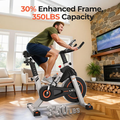 Exercise Bike, Brake Pad Stationary Bike for Home with Exclusive App, Magnetic Indoor Cycling Bike with 300 lb Weight Capacity, Low Noise, Tablet Holder and Fitness Courses for Weight Loss