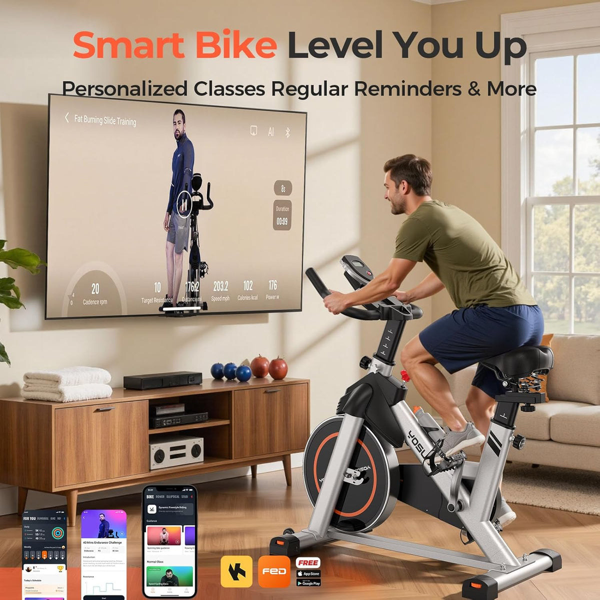 Exercise Bike, Brake Pad Stationary Bike for Home with Exclusive App, Magnetic Indoor Cycling Bike with 300 lb Weight Capacity, Low Noise, Tablet Holder and Fitness Courses for Weight Loss