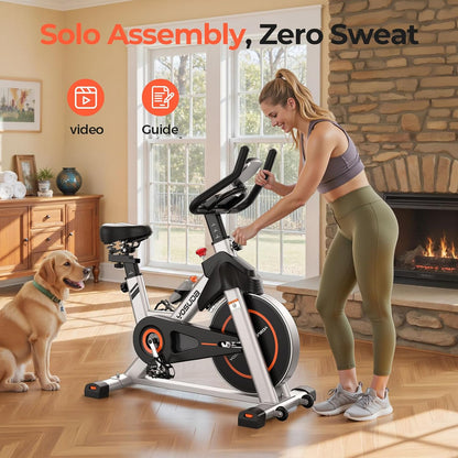 Exercise Bike, Brake Pad Stationary Bike for Home with Exclusive App, Magnetic Indoor Cycling Bike with 300 lb Weight Capacity, Low Noise, Tablet Holder and Fitness Courses for Weight Loss