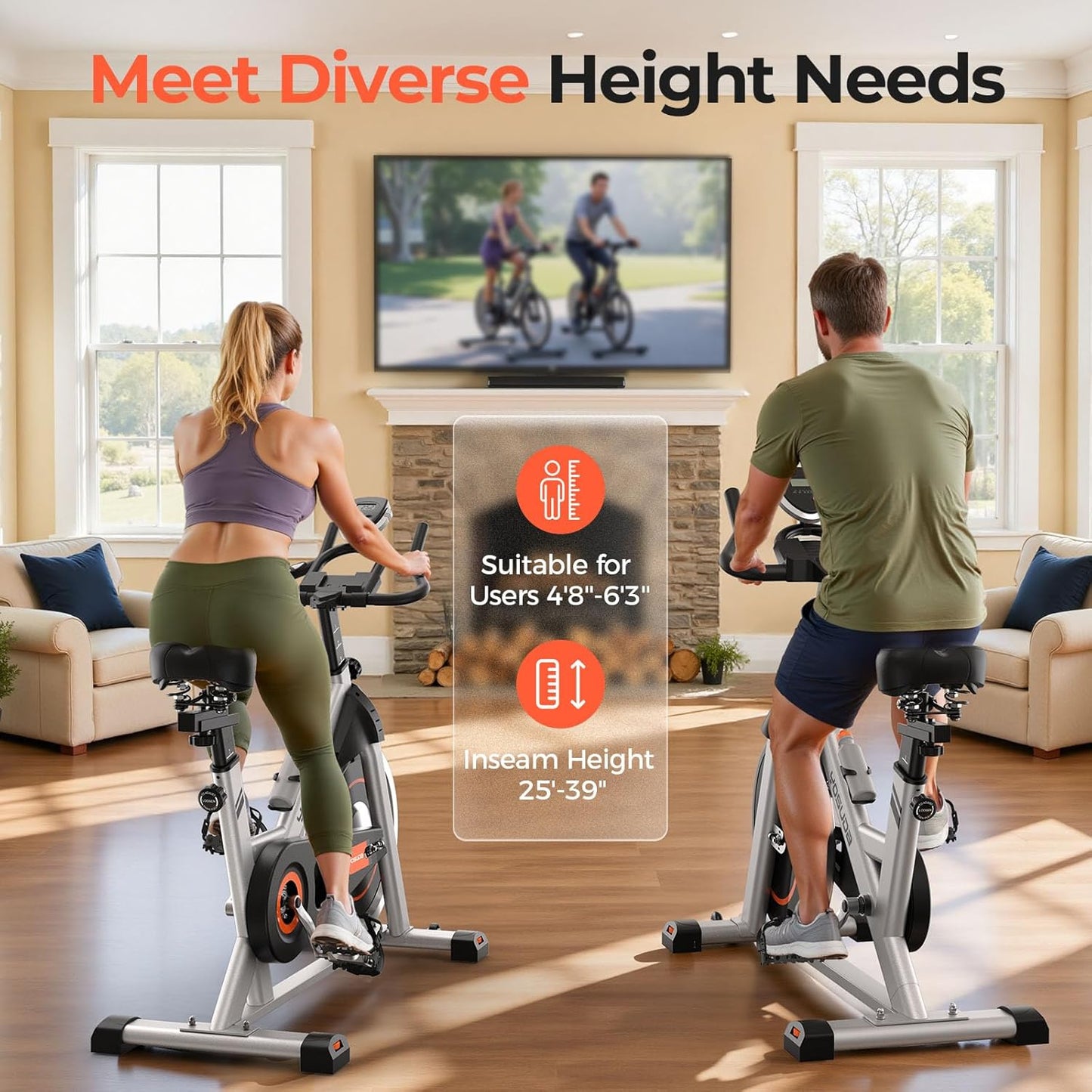 Exercise Bike, Brake Pad Stationary Bike for Home with Exclusive App, Magnetic Indoor Cycling Bike with 300 lb Weight Capacity, Low Noise, Tablet Holder and Fitness Courses for Weight Loss