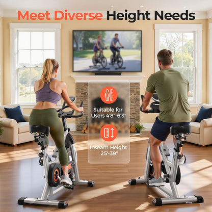 Exercise Bike, Brake Pad Stationary Bike for Home with Exclusive App, Magnetic Indoor Cycling Bike with 300 lb Weight Capacity, Low Noise, Tablet Holder and Fitness Courses for Weight Loss