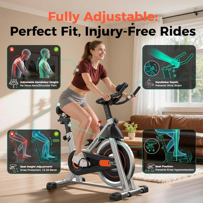 Exercise Bike, Brake Pad Stationary Bike for Home with Exclusive App, Magnetic Indoor Cycling Bike with 300 lb Weight Capacity, Low Noise, Tablet Holder and Fitness Courses for Weight Loss