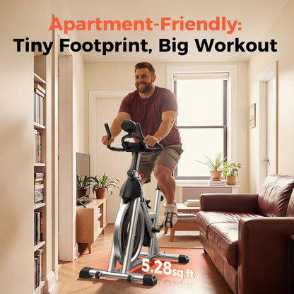 Exercise Bike, Brake Pad Stationary Bike for Home with Exclusive App, Magnetic Indoor Cycling Bike with 300 lb Weight Capacity, Low Noise, Tablet Holder and Fitness Courses for Weight Loss