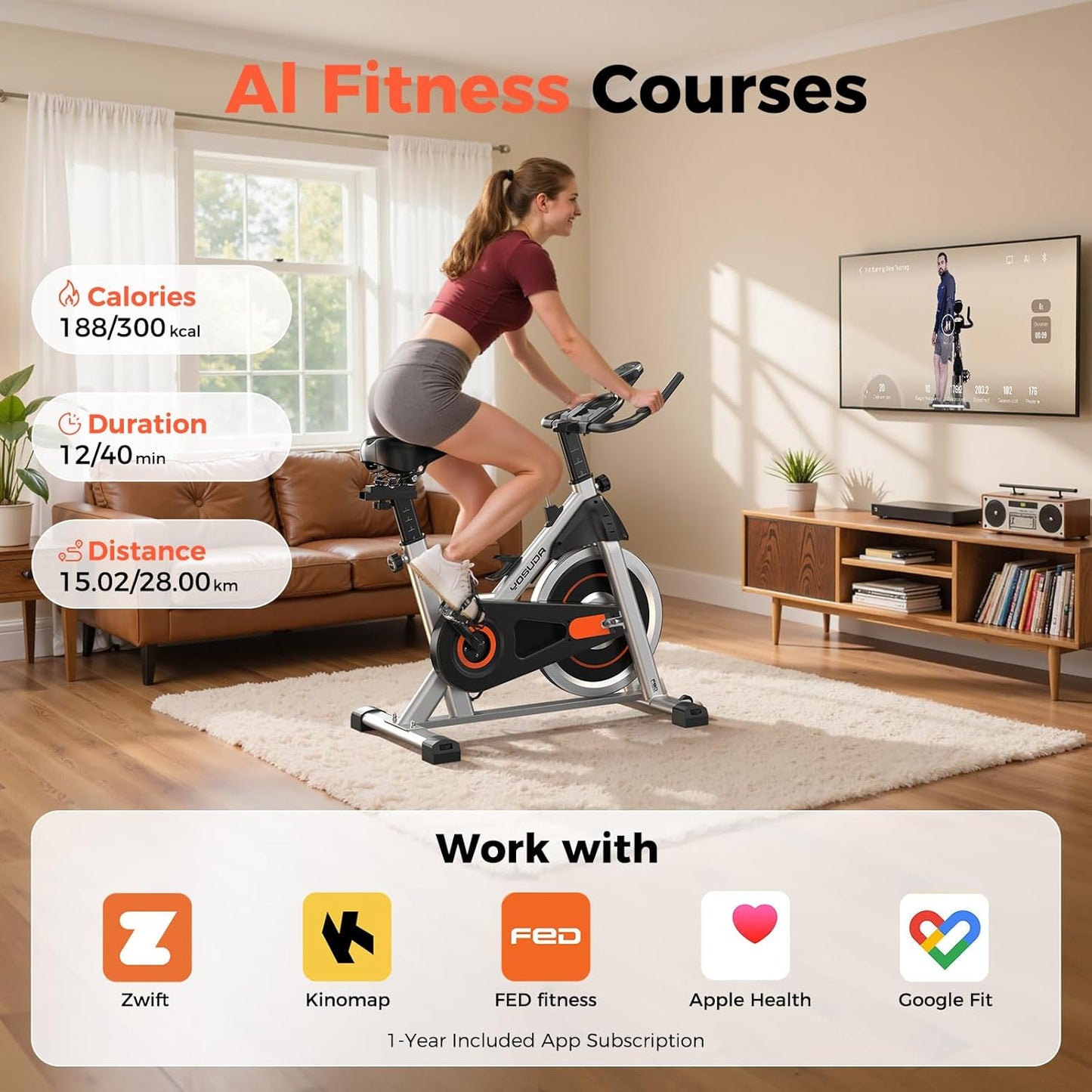 Exercise Bike, Brake Pad Stationary Bike for Home with Exclusive App, Magnetic Indoor Cycling Bike with 300 lb Weight Capacity, Low Noise, Tablet Holder and Fitness Courses for Weight Loss