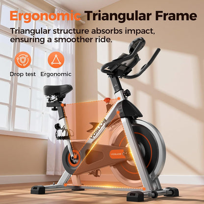 Exercise Bike, Brake Pad Stationary Bike for Home with Exclusive App, Magnetic Indoor Cycling Bike with 300 lb Weight Capacity, Low Noise, Tablet Holder and Fitness Courses for Weight Loss