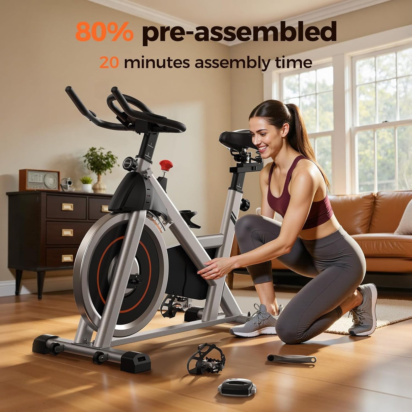 Exercise Bike, Brake Pad Stationary Bike for Home with Exclusive App, Magnetic Indoor Cycling Bike with 300 lb Weight Capacity, Low Noise, Tablet Holder and Fitness Courses for Weight Loss