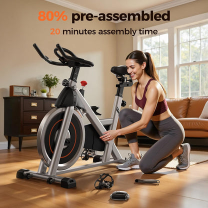 Exercise Bike, Brake Pad Stationary Bike for Home with Exclusive App, Magnetic Indoor Cycling Bike with 300 lb Weight Capacity, Low Noise, Tablet Holder and Fitness Courses for Weight Loss
