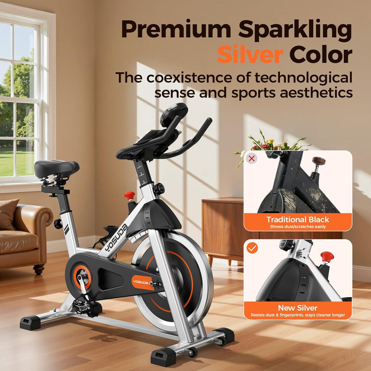 Exercise Bike, Brake Pad Stationary Bike for Home with Exclusive App, Magnetic Indoor Cycling Bike with 300 lb Weight Capacity, Low Noise, Tablet Holder and Fitness Courses for Weight Loss