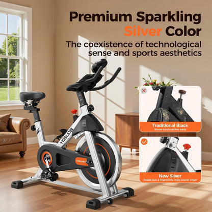 Exercise Bike, Brake Pad Stationary Bike for Home with Exclusive App, Magnetic Indoor Cycling Bike with 300 lb Weight Capacity, Low Noise, Tablet Holder and Fitness Courses for Weight Loss