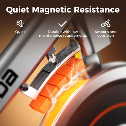 Exercise Bike, Brake Pad Stationary Bike for Home with Exclusive App, Magnetic Indoor Cycling Bike with 300 lb Weight Capacity, Low Noise, Tablet Holder and Fitness Courses for Weight Loss