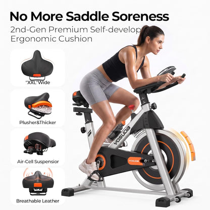 Exercise Bike, Brake Pad Stationary Bike for Home with Exclusive App, Magnetic Indoor Cycling Bike with 300 lb Weight Capacity, Low Noise, Tablet Holder and Fitness Courses for Weight Loss