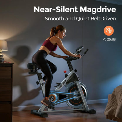 Exercise Bike, Brake Pad Stationary Bike for Home with Exclusive App, Magnetic Indoor Cycling Bike with 300 lb Weight Capacity, Low Noise, Tablet Holder and Fitness Courses for Weight Loss