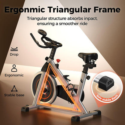 Exercise Bike, Brake Pad Stationary Bike for Home with Exclusive App, Magnetic Indoor Cycling Bike with 300 lb Weight Capacity, Low Noise, Tablet Holder and Fitness Courses for Weight Loss