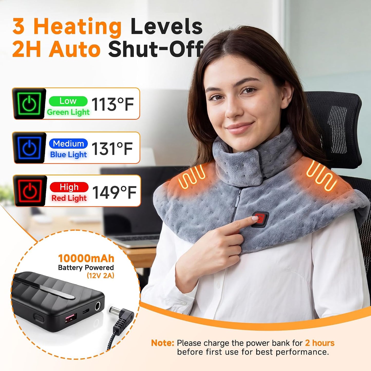 Portable Cordless Heating Pad for Neck and Shoulders Back, 10000mAh Battery