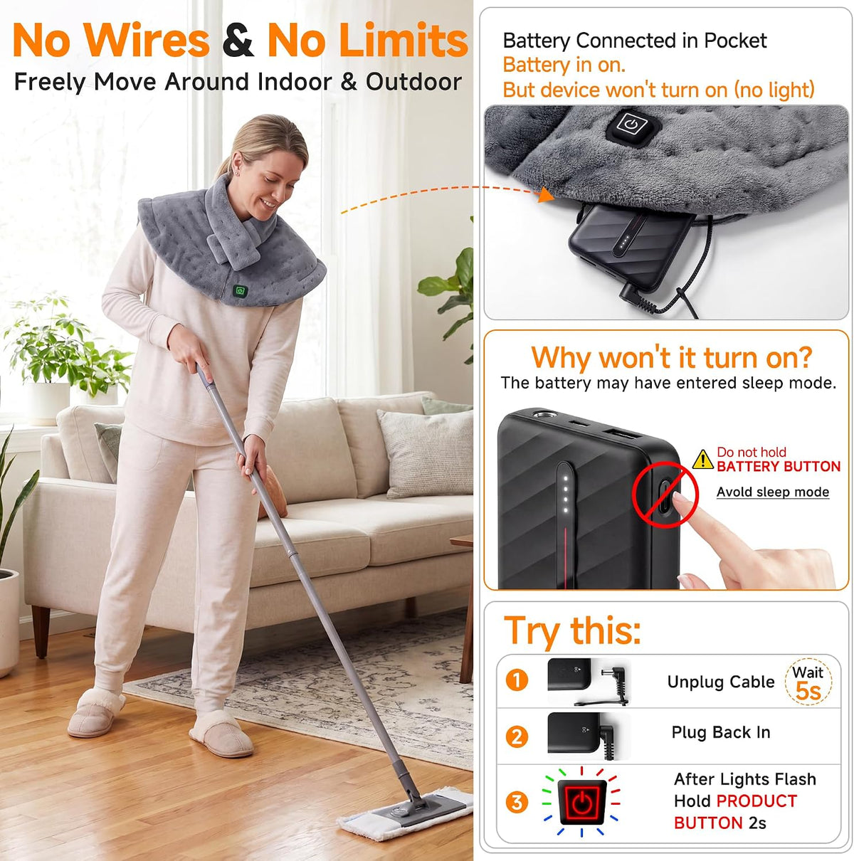 Portable Cordless Heating Pad for Neck and Shoulders Back, 10000mAh Battery