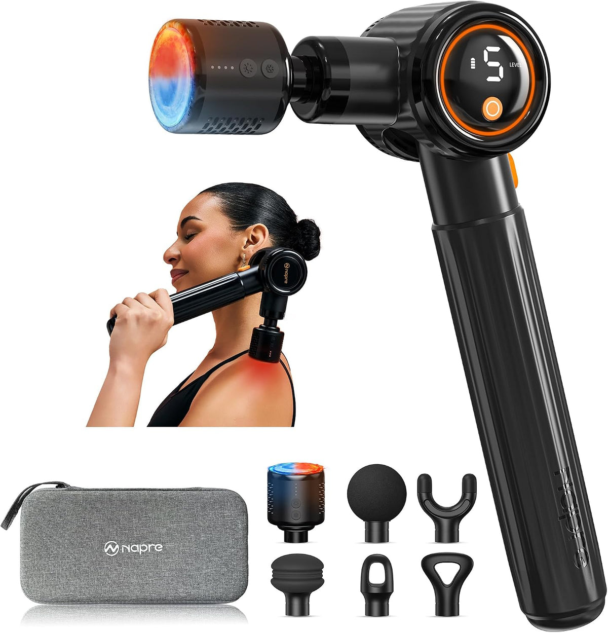 Massage Gun with Heat and Cold,Massage Gun Deep Tissue with Extension Handle & 3 Adjustable Angles,Handheld Percussion Back Massager for Muscle/Neck/Body Pain Relief,6 Heads,with Case