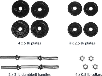 Adjustable Dumbbell Hand Weight Set with Storage Case, Portable, Secure, 38 Pounds, Black