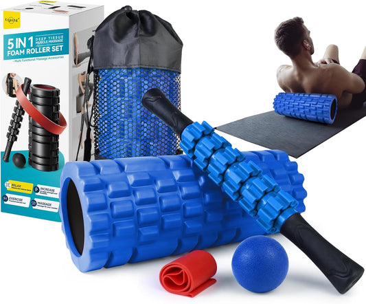 5 in 1 Foam Roller Set Trigger Point Exercise Foam Roller | Deep Tissue Muscle Massage Fitness Foam Roller, Massage Roller, Massage Ball, Stretching Strap, for Whole Body Orange
