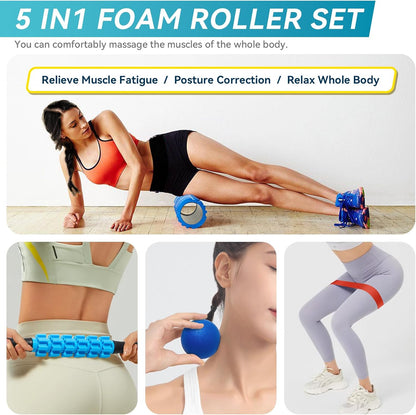 5 in 1 Foam Roller Set Trigger Point Exercise Foam Roller | Deep Tissue Muscle Massage Fitness Foam Roller, Massage Roller, Massage Ball, Stretching Strap, for Whole Body Orange