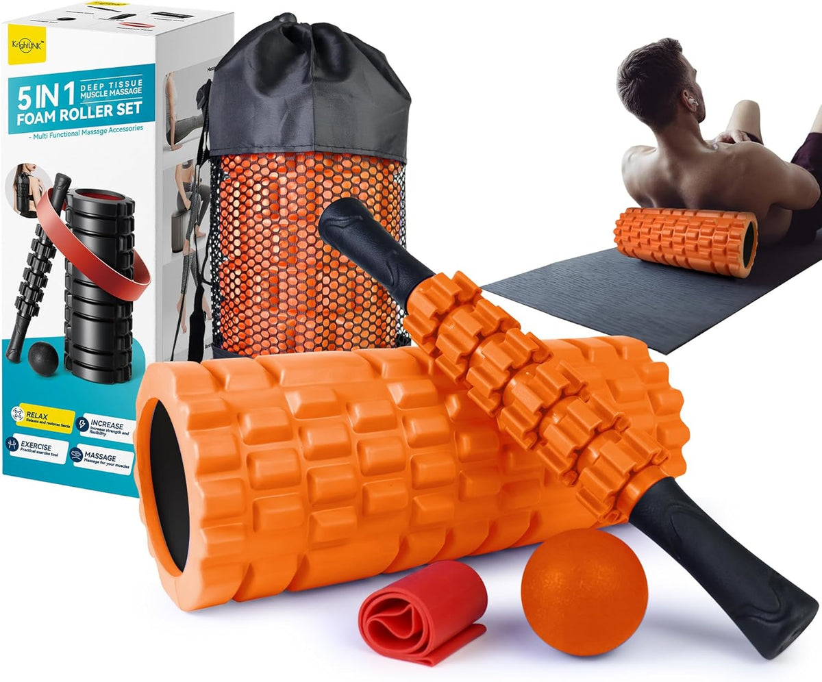 5 in 1 Foam Roller Set Trigger Point Exercise Foam Roller | Deep Tissue Muscle Massage Fitness Foam Roller, Massage Roller, Massage Ball, Stretching Strap, for Whole Body Orange