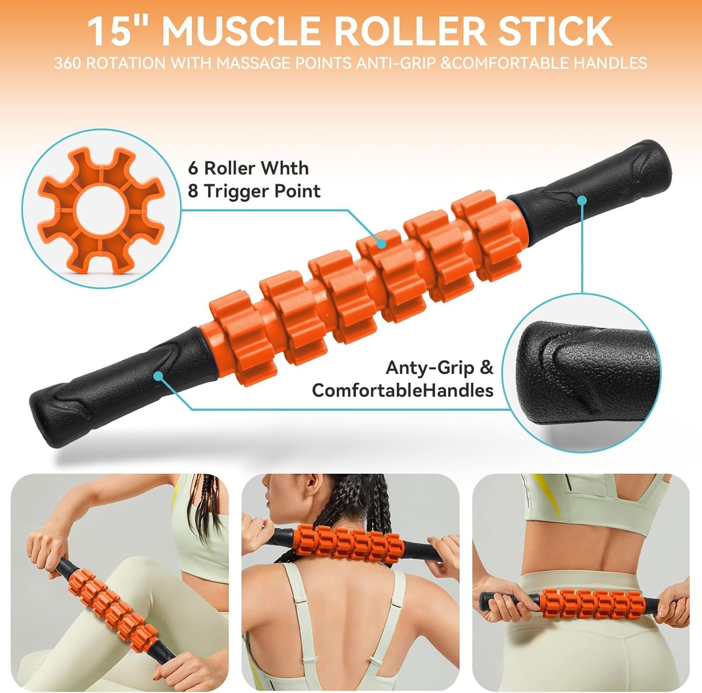 5 in 1 Foam Roller Set Trigger Point Exercise Foam Roller | Deep Tissue Muscle Massage Fitness Foam Roller, Massage Roller, Massage Ball, Stretching Strap, for Whole Body Orange