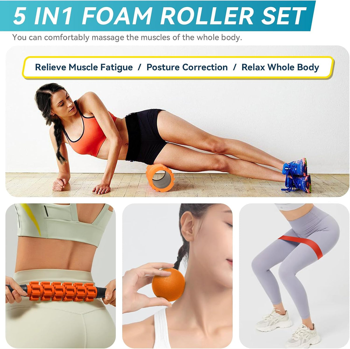 5 in 1 Foam Roller Set Trigger Point Exercise Foam Roller | Deep Tissue Muscle Massage Fitness Foam Roller, Massage Roller, Massage Ball, Stretching Strap, for Whole Body Orange