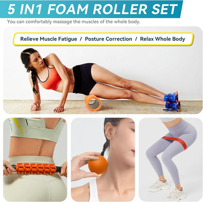 5 in 1 Foam Roller Set Trigger Point Exercise Foam Roller | Deep Tissue Muscle Massage Fitness Foam Roller, Massage Roller, Massage Ball, Stretching Strap, for Whole Body Orange
