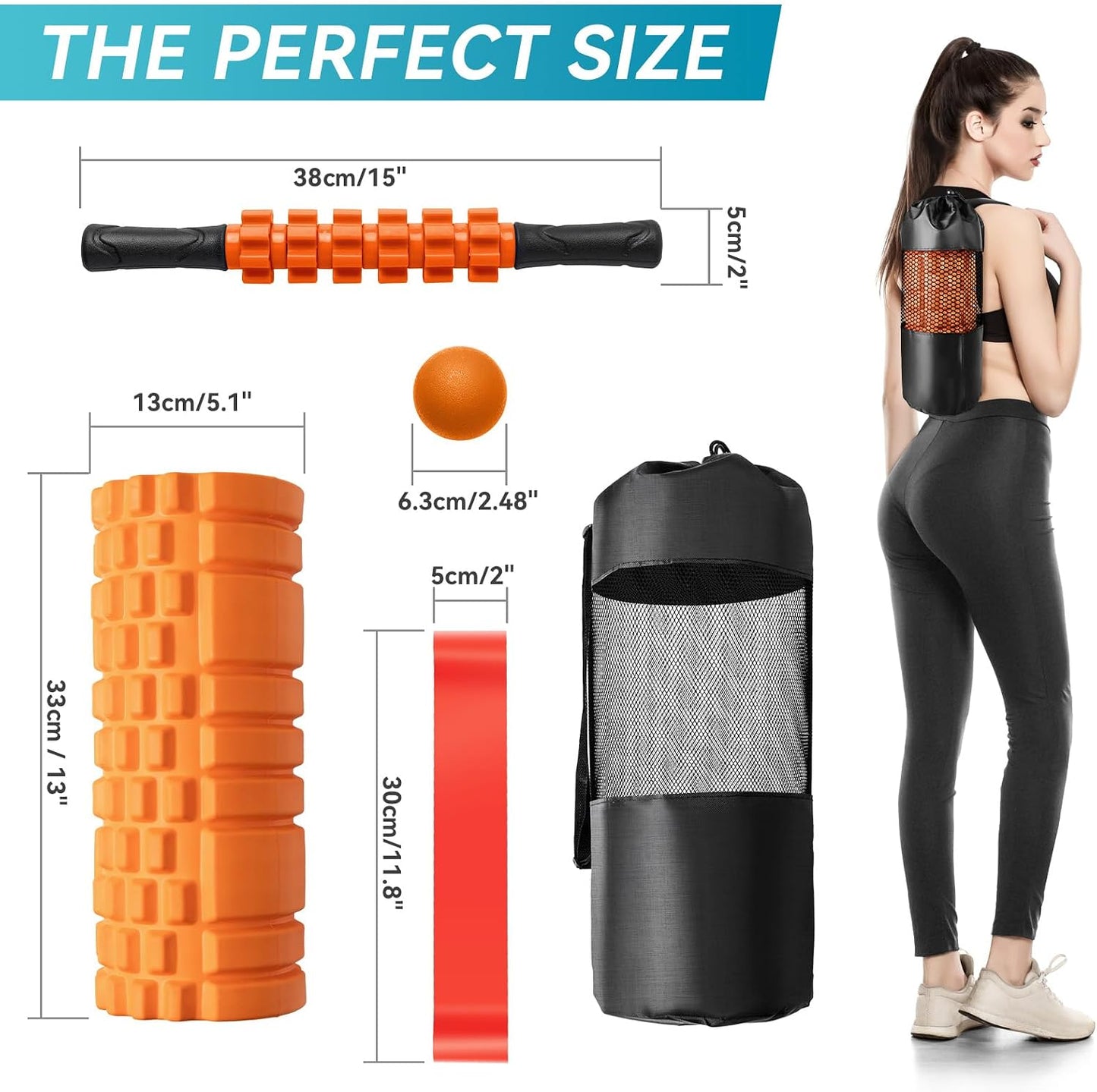 5 in 1 Foam Roller Set Trigger Point Exercise Foam Roller | Deep Tissue Muscle Massage Fitness Foam Roller, Massage Roller, Massage Ball, Stretching Strap, for Whole Body Orange