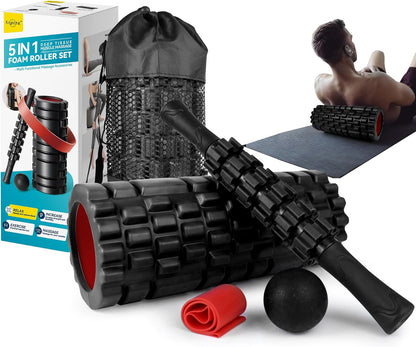 5 in 1 Foam Roller Set Trigger Point Exercise Foam Roller | Deep Tissue Muscle Massage Fitness Foam Roller, Massage Roller, Massage Ball, Stretching Strap, for Whole Body Orange