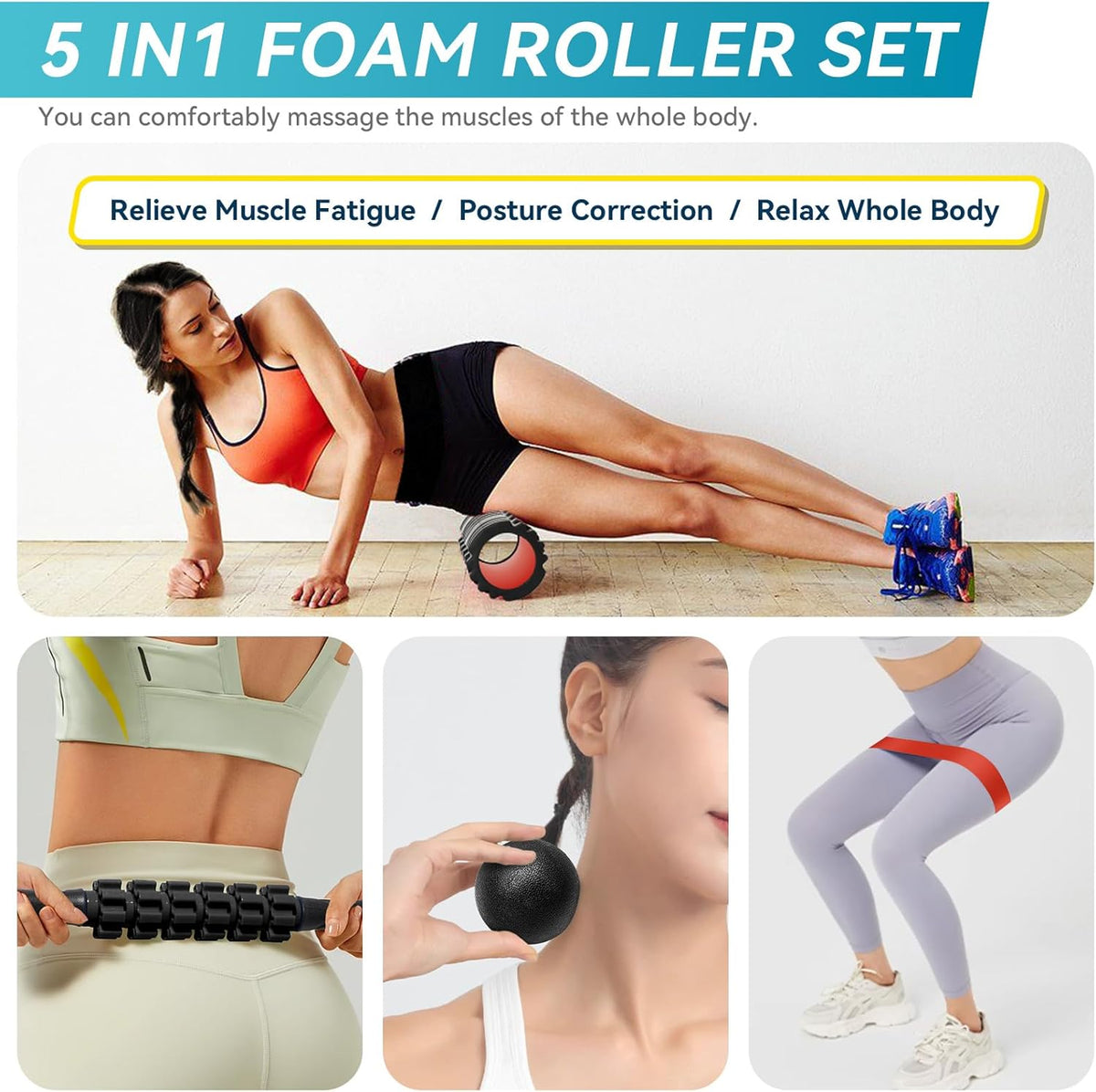 5 in 1 Foam Roller Set Trigger Point Exercise Foam Roller | Deep Tissue Muscle Massage Fitness Foam Roller, Massage Roller, Massage Ball, Stretching Strap, for Whole Body Orange