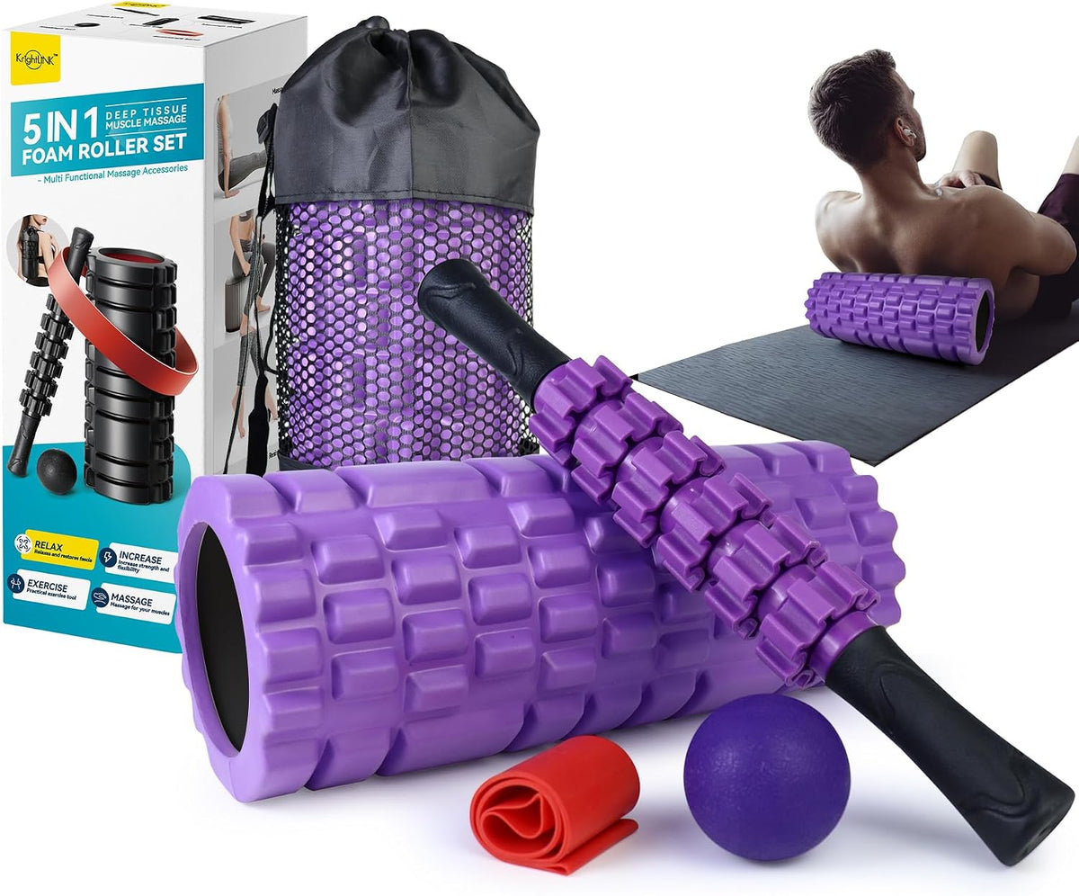 5 in 1 Foam Roller Set Trigger Point Exercise Foam Roller | Deep Tissue Muscle Massage Fitness Foam Roller, Massage Roller, Massage Ball, Stretching Strap, for Whole Body Orange