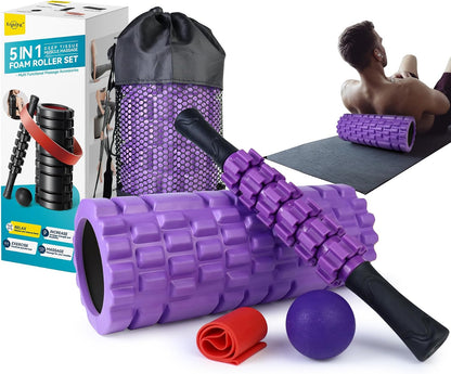 5 in 1 Foam Roller Set Trigger Point Exercise Foam Roller | Deep Tissue Muscle Massage Fitness Foam Roller, Massage Roller, Massage Ball, Stretching Strap, for Whole Body Orange