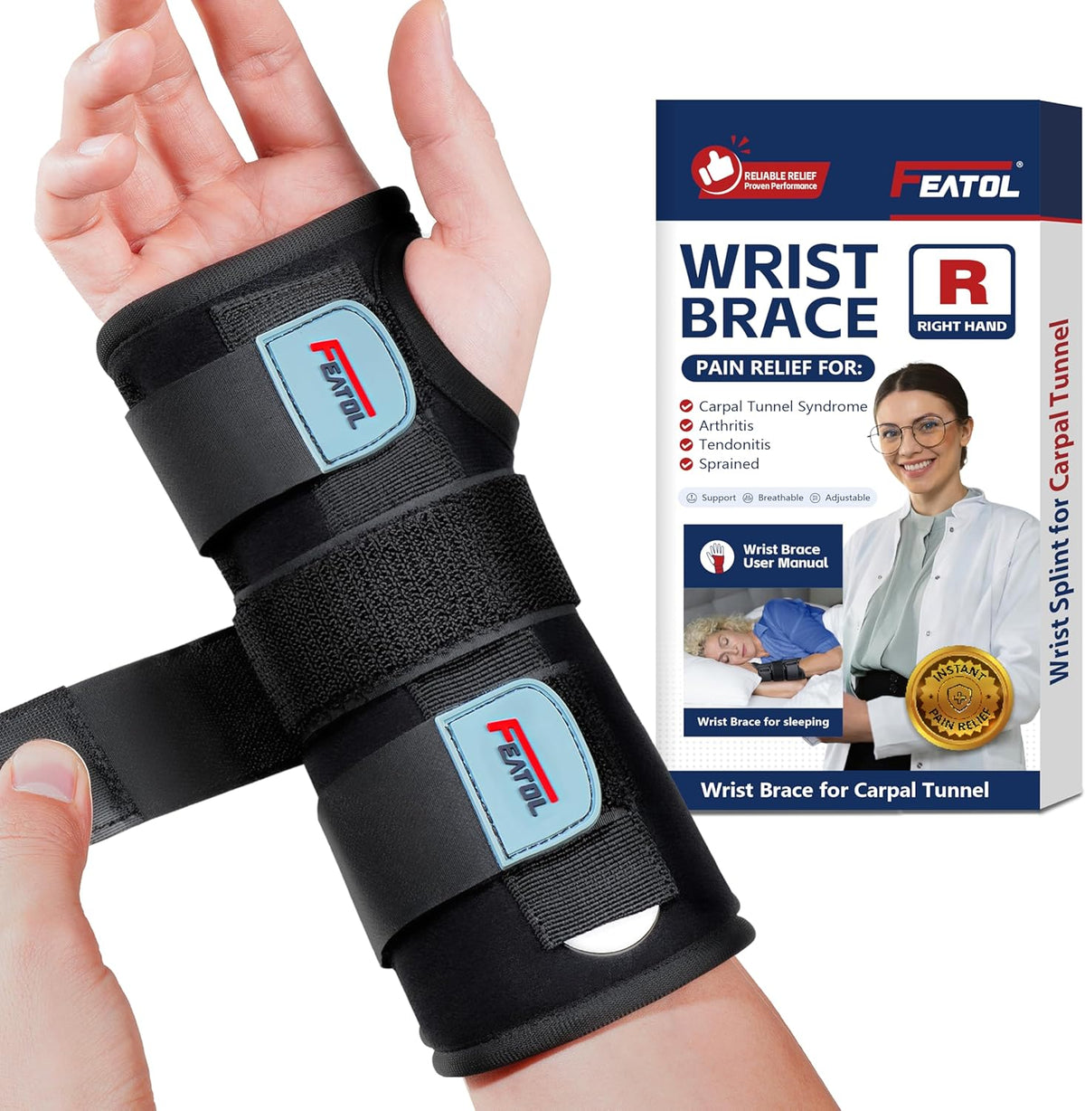 Wrist Brace Hand Brace, Carpal Tunnel Wrist Splint Night Support for Women Men, Pain Relief Support -Tendonitis, Arthritis, Sprain, Right Hand, Small/Medium