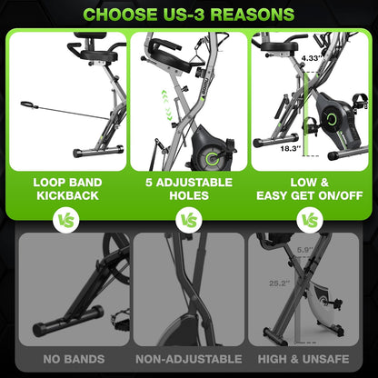Exercise Bike, 5 in 1 Foldable Stationary Bike for Seniors, 16-Level Adjustable Magnetic Resistance, Indoor Workout Bike with 330LB Capacity, Comfortable Seat Backrest X-bike