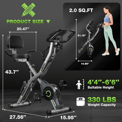 Exercise Bike, 5 in 1 Foldable Stationary Bike for Seniors, 16-Level Adjustable Magnetic Resistance, Indoor Workout Bike with 330LB Capacity, Comfortable Seat Backrest X-bike