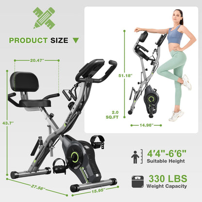 Exercise Bike, 5 in 1 Foldable Stationary Bike for Seniors, 16-Level Adjustable Magnetic Resistance, Indoor Workout Bike with 330LB Capacity, Comfortable Seat Backrest X-bike