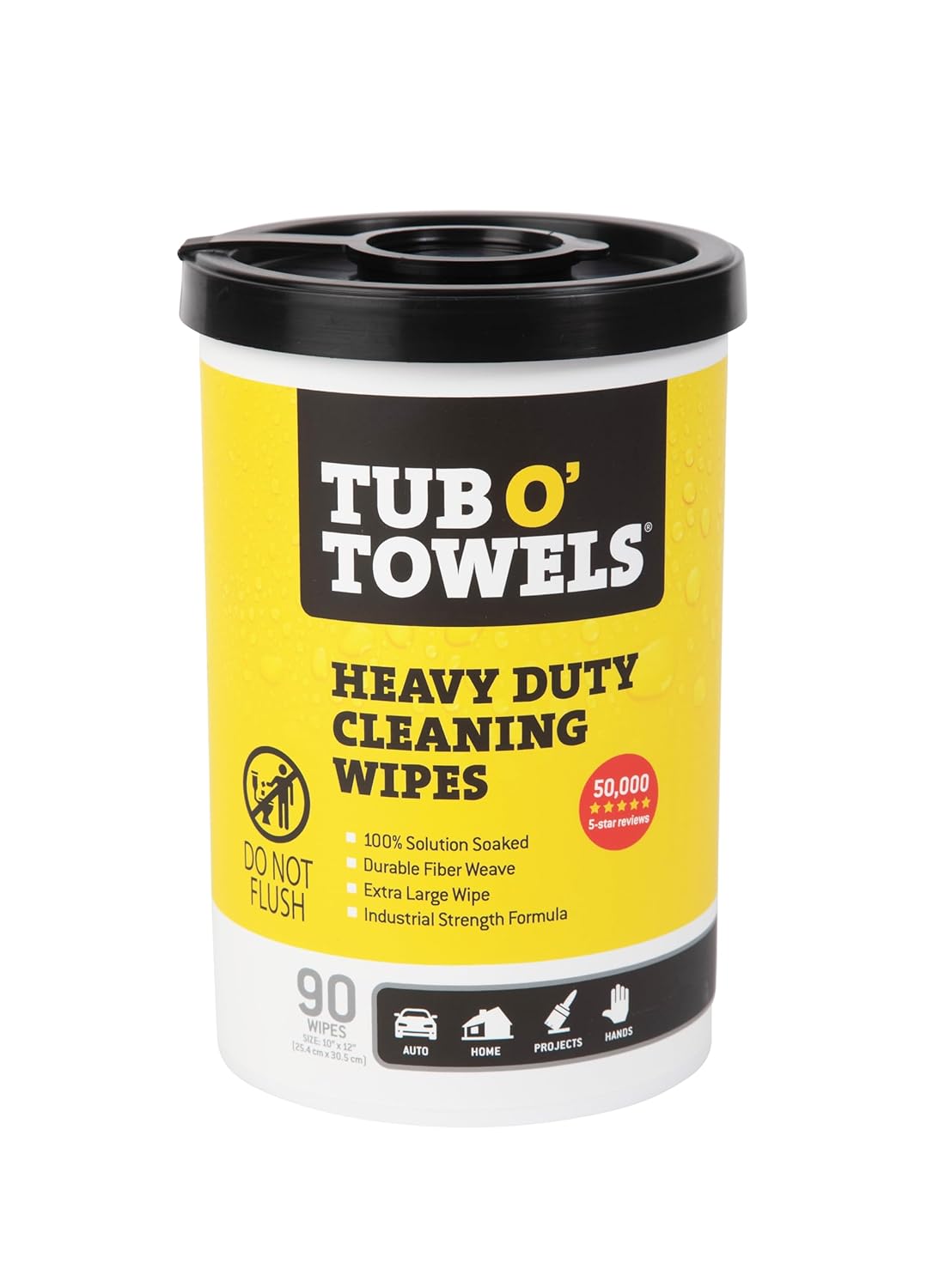 Heavy-Duty Multi-Surface Cleaning Wipes – Extra-Large 10" x 12", 90-Count Canister – Removes Grease, Tar, Ink & Tough Stains – Safe for Home, Auto, Garage & More
