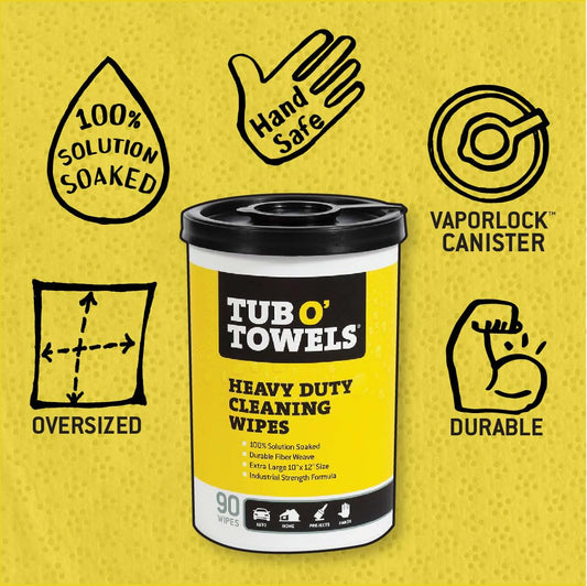 Heavy-Duty Multi-Surface Cleaning Wipes – Extra-Large 10" x 12", 90-Count Canister – Removes Grease, Tar, Ink & Tough Stains – Safe for Home, Auto, Garage & More