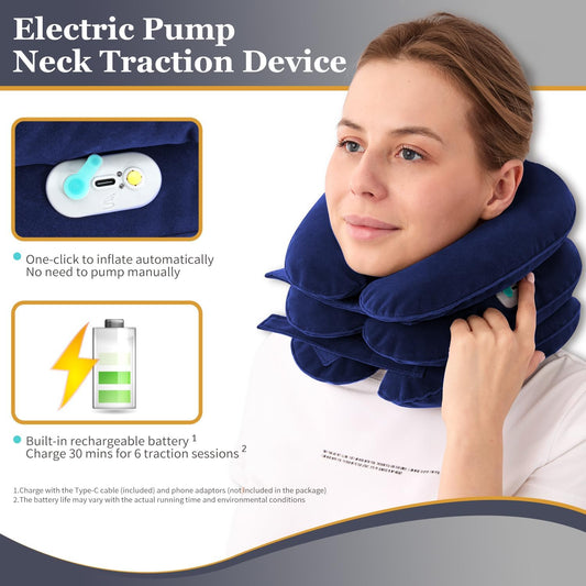 Electric Pump Cervical Neck Traction Device for Neck Pain Relief, One-Click-to-Inflate Neck Stretcher Support Brace for Home Use Neck Decompression (Built-in Battery & Motor Powered)