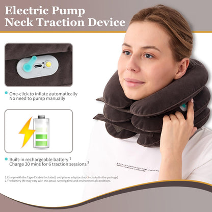 Electric Pump Cervical Neck Traction Device for Neck Pain Relief, One-Click-to-Inflate Neck Stretcher Support Brace for Home Use Neck Decompression (Built-in Battery & Motor Powered)
